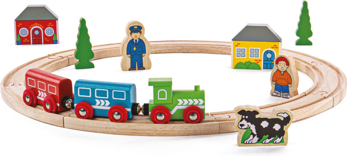 BIGJIGS Houten treinbaan startersset - - 20-delig - met rails, trein en figuren