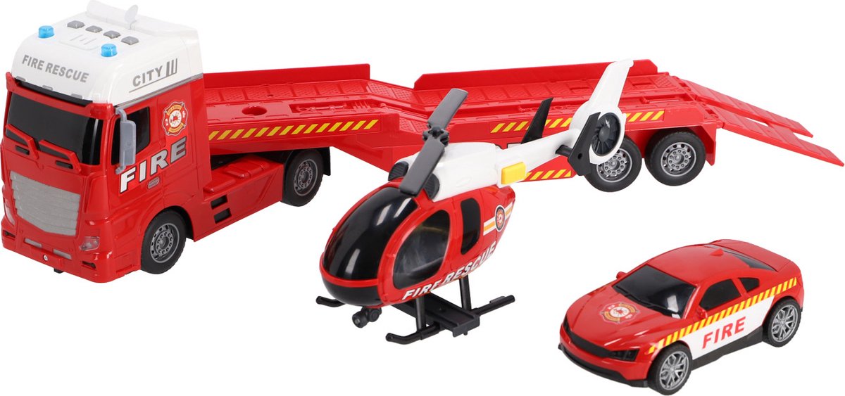 Rapid Wheels autotransporter brandweer + auto en helikopter + licht en geluid