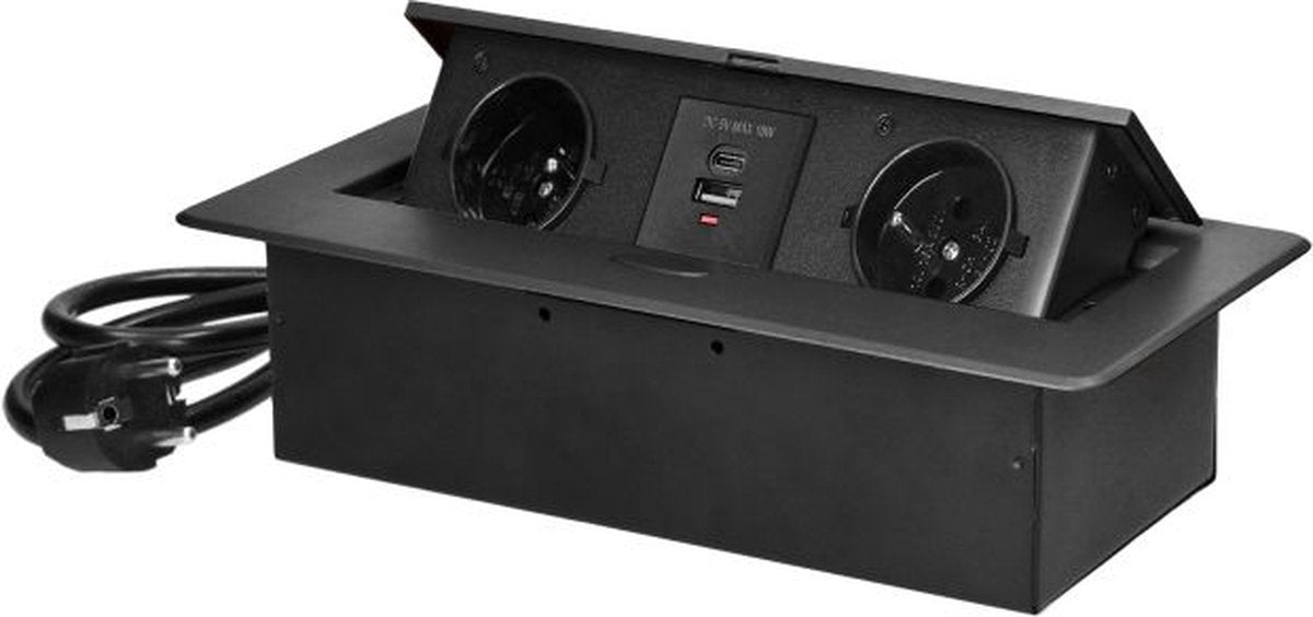 ORNO Bureau stekkerdoos met usb a c - pop up stekkerblok met 2 stopcontacten- inbouw verdeelstekker met rvs afwerking - verdeeldoos met 1.5 meter kabel - voor max. 3680 watt - penaarde - antraciet