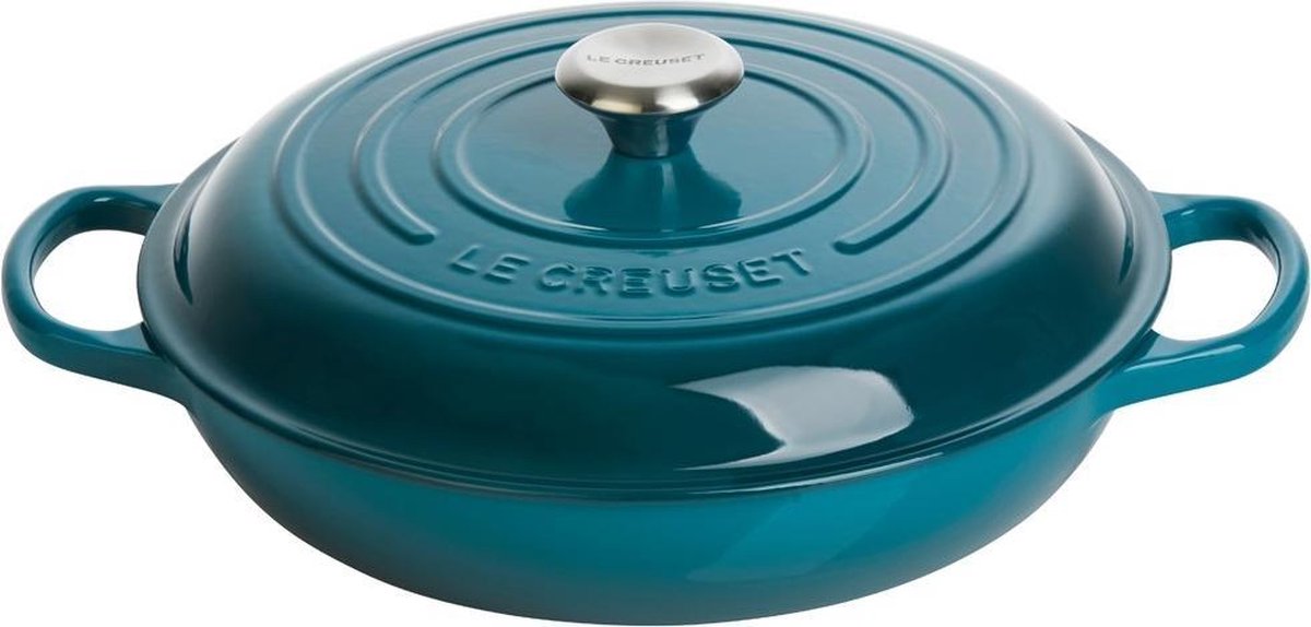 Le Creuset braadpan signature campagnard deep teal – ø 30 cm 3,5 liter – gietijzeren pan met deksel – donkerblauwe emaille – brede vorm voor grotere bereidingen – geschikt voor inductie, oven, bbq en meer