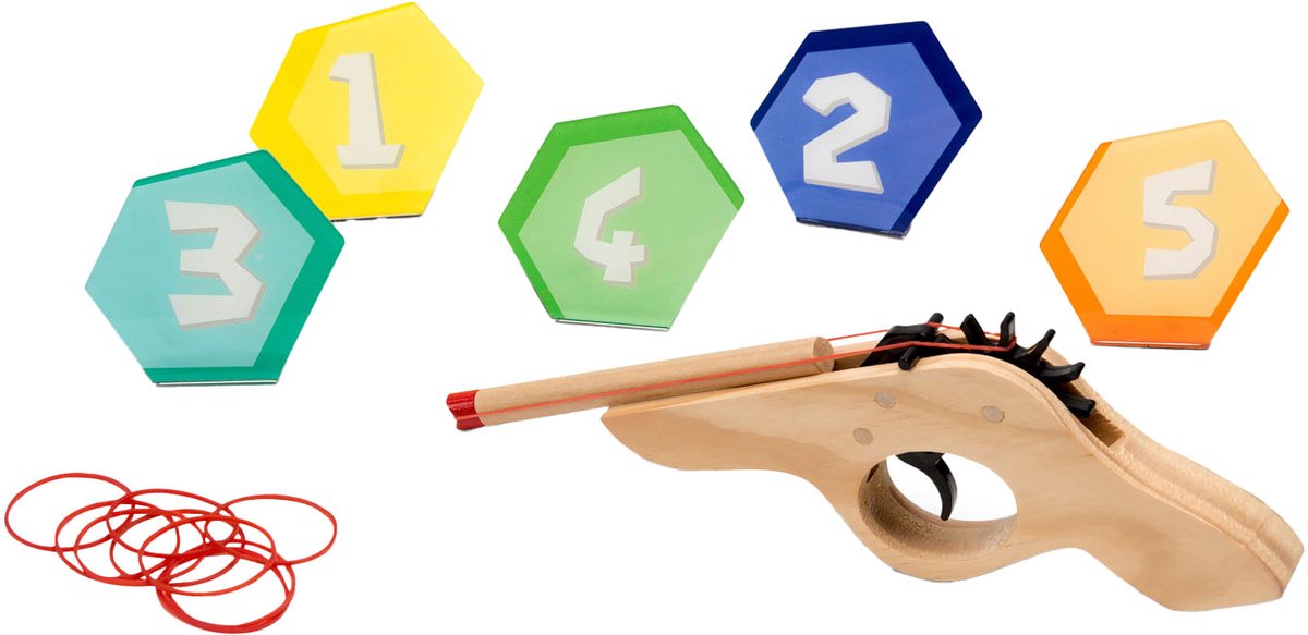 BS Toys schiet 'm! elastiekpistool - hout - coördinatiespel - vanaf 6 jaar - 5 targets