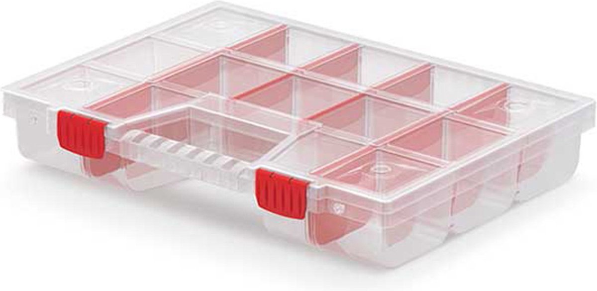 KISTENBERG sorteerbox vakjes koffer - spijkers schroeven kleine spullen - 12 vaks - kunststof - transparant - 39 x 29 x 6.5 cm