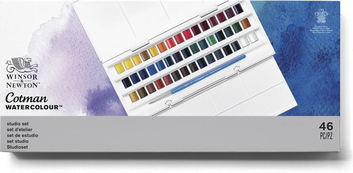 Winsor Newton 0390471 cotman studio aquarelverf set – 45 halve napjes – volledig 40-kleuren palet met penseel mengpaletten