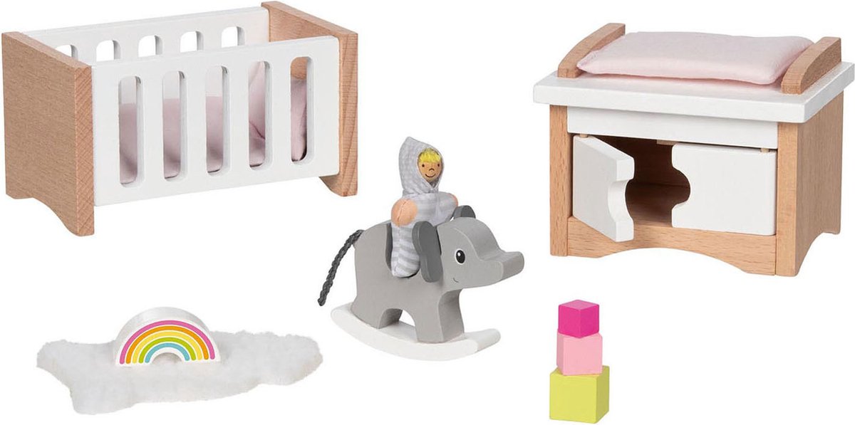 Goki Poppenhuismeubeltjes: design kinderkamer, 12-delig, 10,2x6x5,5cm (bed), beukenhout en stof, 3+