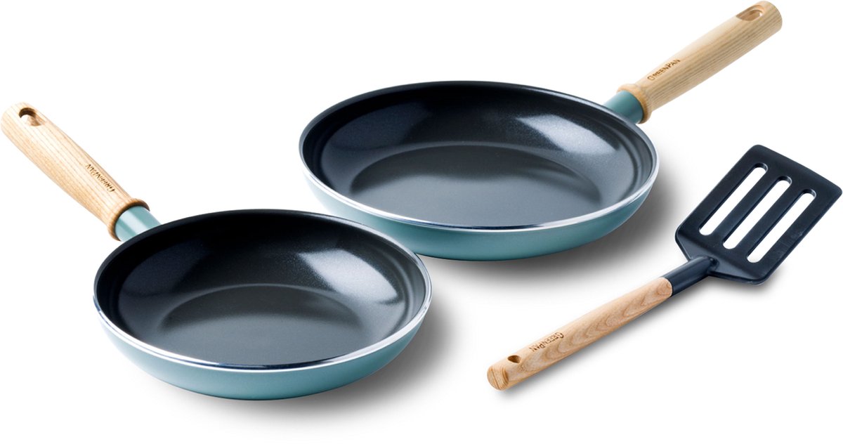 GreenPan mayflower koekenpannenset 3-delig - 20 24 cm - pfas-vrije antikleeflaag - pannenset inductie - keramische pan - niet ovenbestendig - koudgrepen - blauw