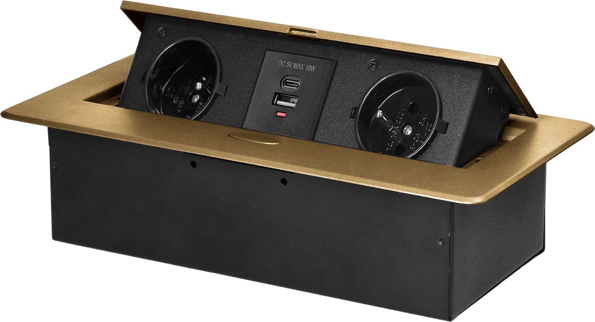 ORNO Stekkerdoos met usb - pop up stekkerblok met 2 stopcontacten en usb-a usb-c - inbouw verdeelstekker met rvs afwerking - verdeeldoos zonder kabel - voor max. 3680 watt - penaarde - messing