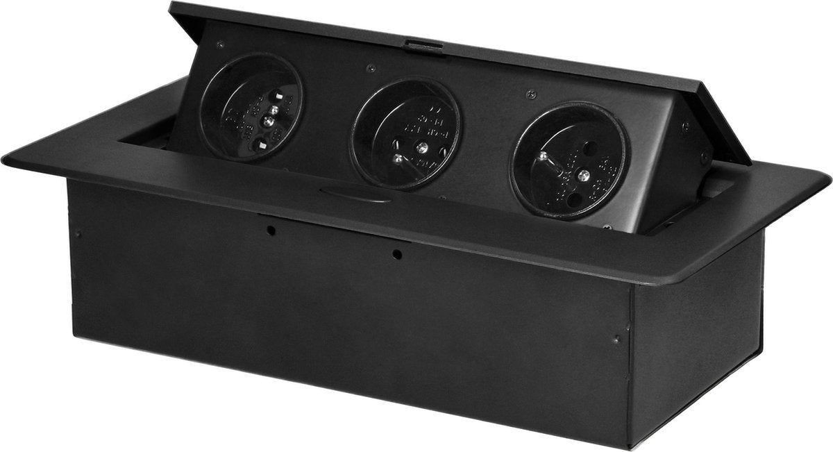 ORNO Stekkerdoos met 3 stopcontacten - pop up stekkerblok zonder kabel - inbouw verdeelstekker met rvs afwerking - verdeeldoos 230 volt - voor max. 3680 watt - penaarde - zwart