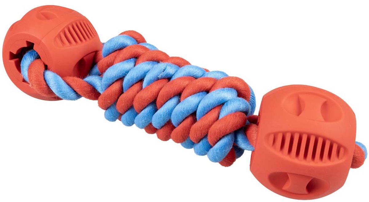 Duvo Plus playtime touwspeeltje rubrop halter met 2 ballen voor honden 22x7x7cm rood