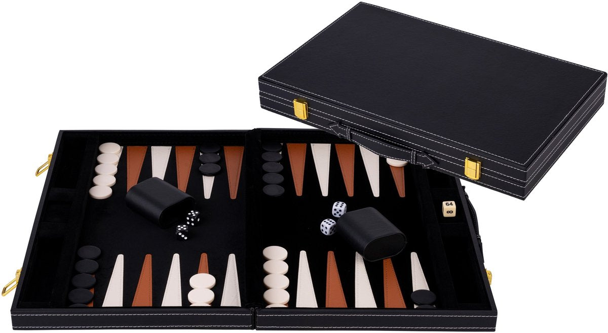 Engelhart Backgammon 18 inch - bruin ivoor gestikt bord - zwarte koffer met handvat - luxe reiseditie -