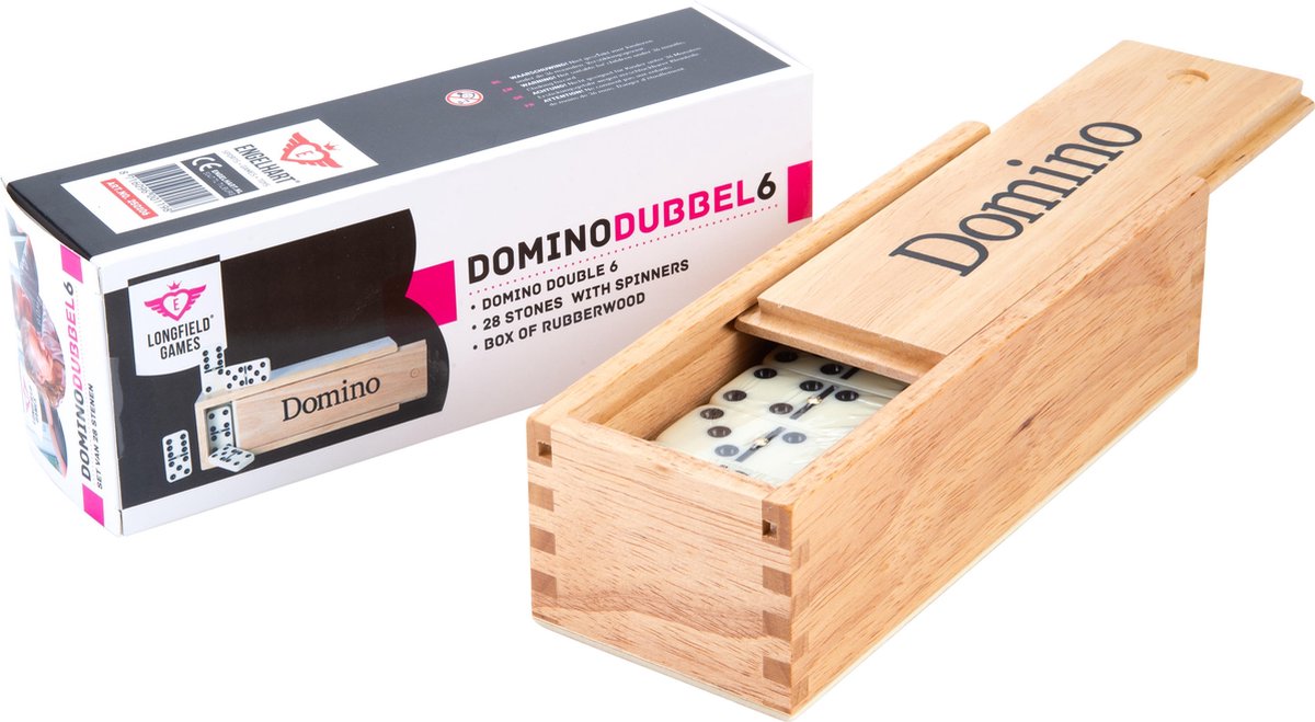 Engelhart Domino dubbel 6 groot – 28 domino stenen met zwarte ogen spinners – inclusief houten kist met schuifdeksel –
