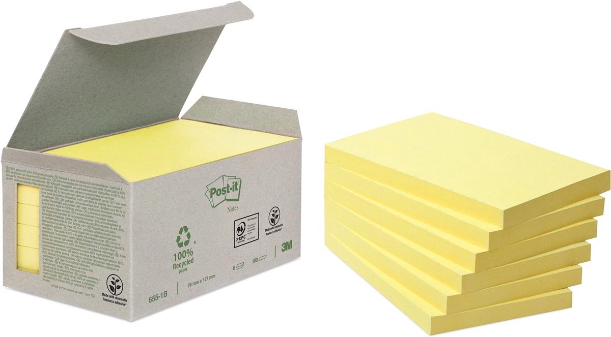 Post-it Memoblok 655-1b recycled 76x127mm canary yellow 6 stuks