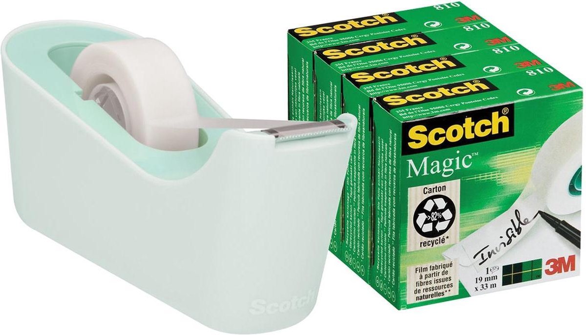 Scotch Plakbandhouder c18 mint + 4 rollen magic tape 19mmx33m