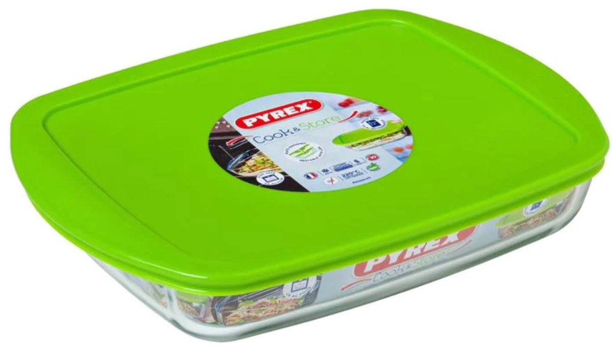 PYREX - cook store schaal rechthoek met deksel 1,6 liter - glas - transparant
