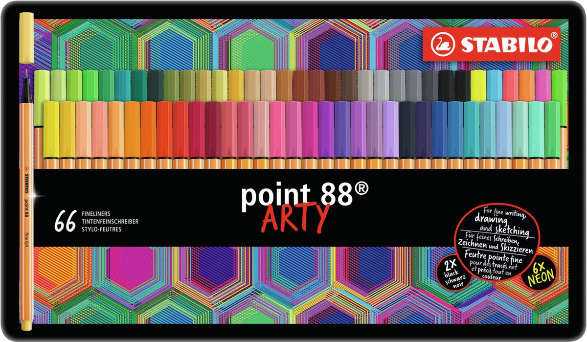 STABILO point 88 - premium fineliner - fine 0,4 mm - metalen etui met 66 stuks - met 65 verschillende kleuren
