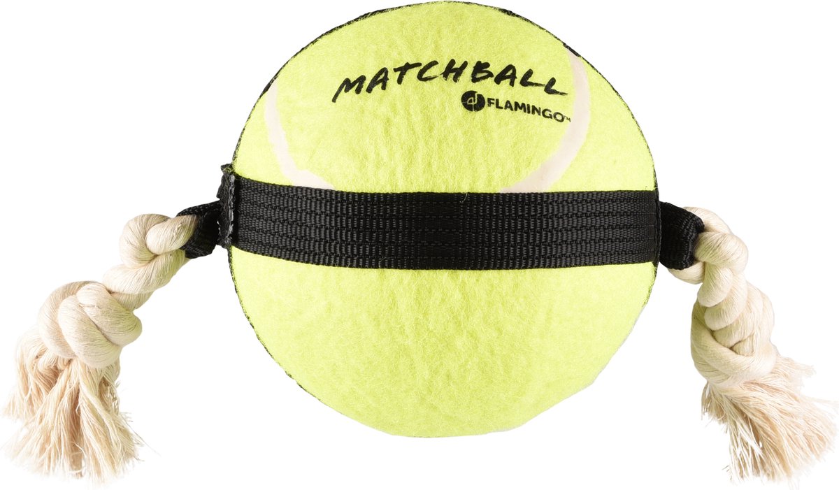 Flamingo Hondenspeelgoed – matchball tennisbal met touw – hondenspeelgoed – hondentouw – hond bal – honden bal – 40 cm – geel