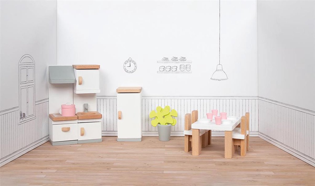 Goki Poppenhuismeubeltjes: design keuken, 20-delig, 10x6,5x5cm (tafel), beukenhout en stof, 3+