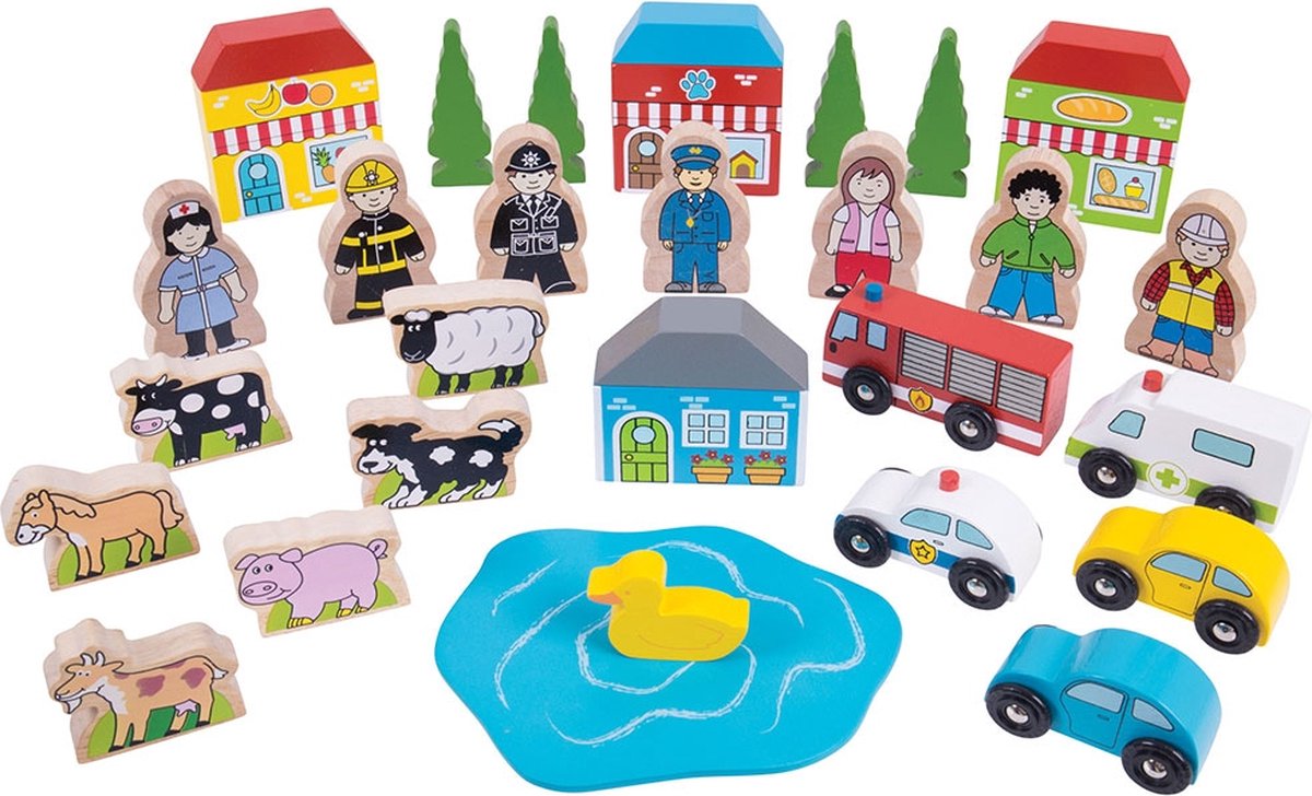 BIGJIGS Houten speelfiguren en voertuigen, 32dlg.