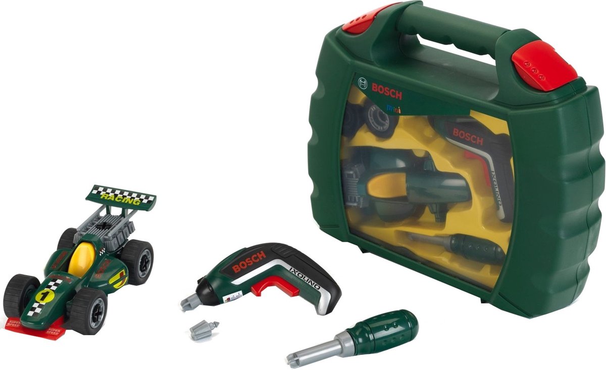 Klein Toys bosch mini ixolino ii grand prix koffer - demonteerbare raceauto, accu-schroevendraaier en schroevendraaier - incl. licht- en geluidseffecten - groen zwart