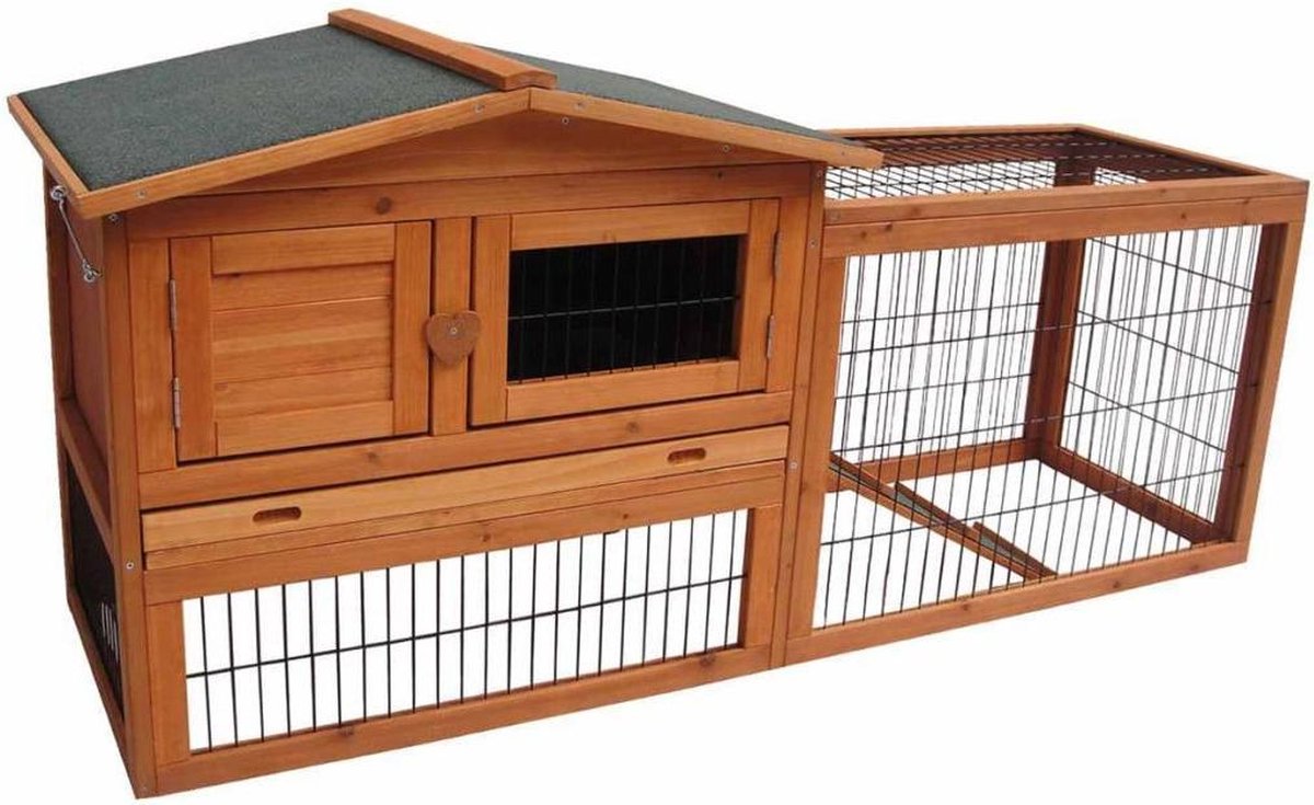 Flamingo Konijnenhok met ren – groot konijnenhok voor buiten met nachthok en uitloopren – 150x53x69 cm – konijnenhok sunshine classic bruin