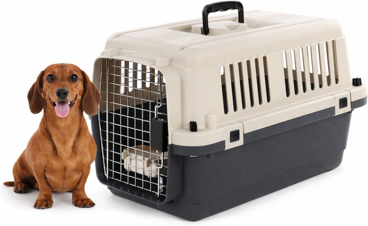Flamingo Reisbench hond – autobench – transportbox hond – fomad donkergrijs s (40x61x41 cm) – kunststof – met metalen deur veiligheidsslot – inclusief eet- en drinkpot –