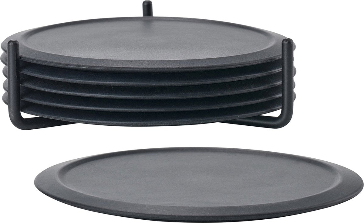 Zone Denmark singles onderzetters voor glazen - siliconen onderzetters met houder - coasters - set van 6 - ø 10 cm - zwart
