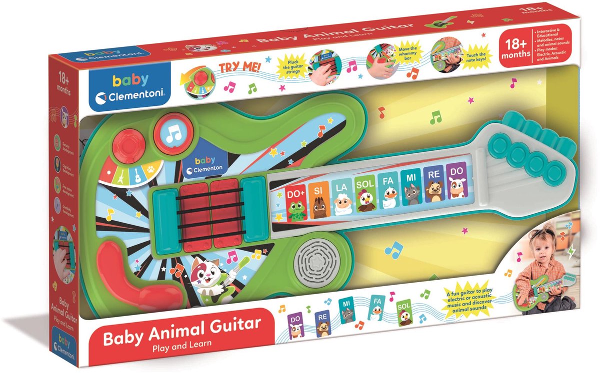 Clementoni baby gitaar musicali - speelgoed kindergitaar met 8 toetsen - vibrato en 3 speelmodussen - muziekinstrument cadeau voor kind en kinderen