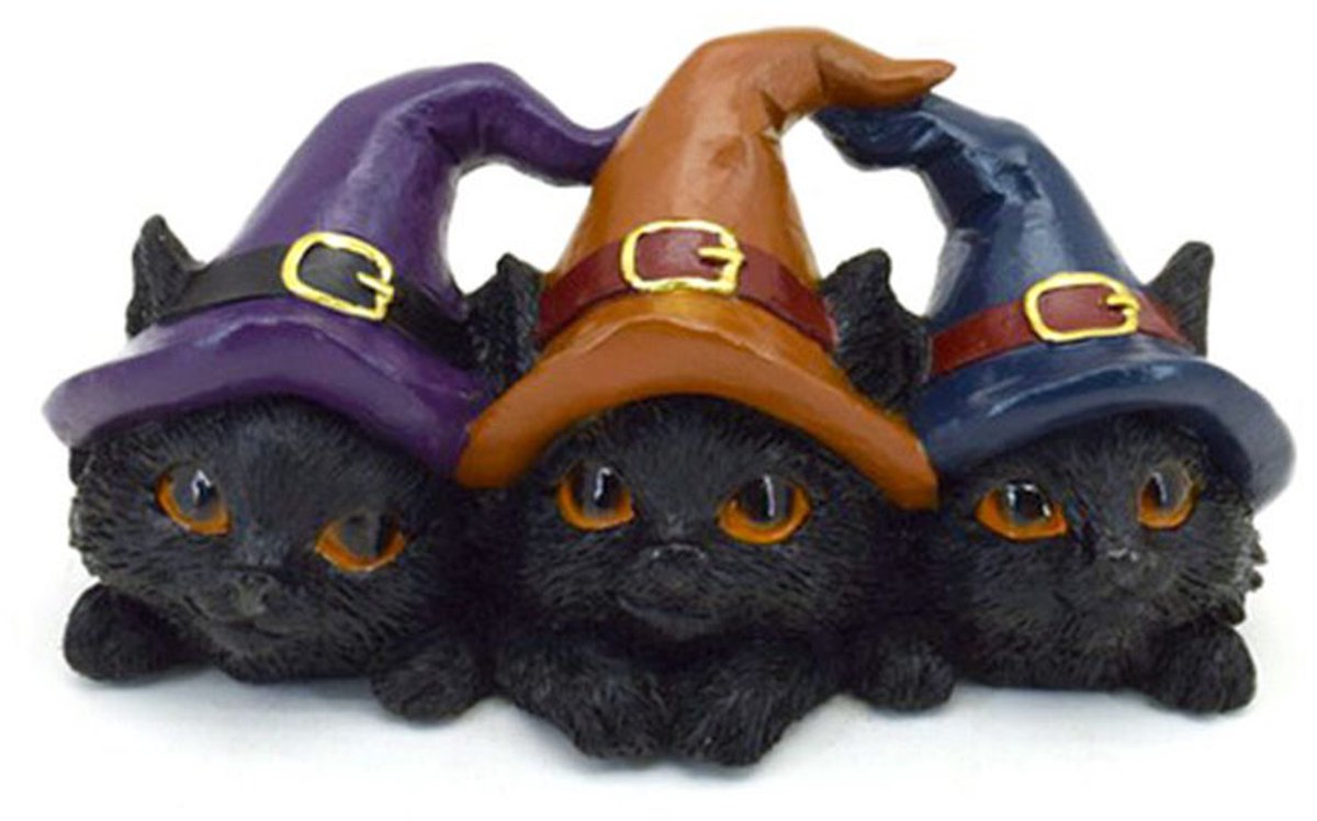 Puckator Beeldje - heksen katjes trio zwart - fantasy mutsen paars lichtbruin donkerblauw - 7,5x6x15cm