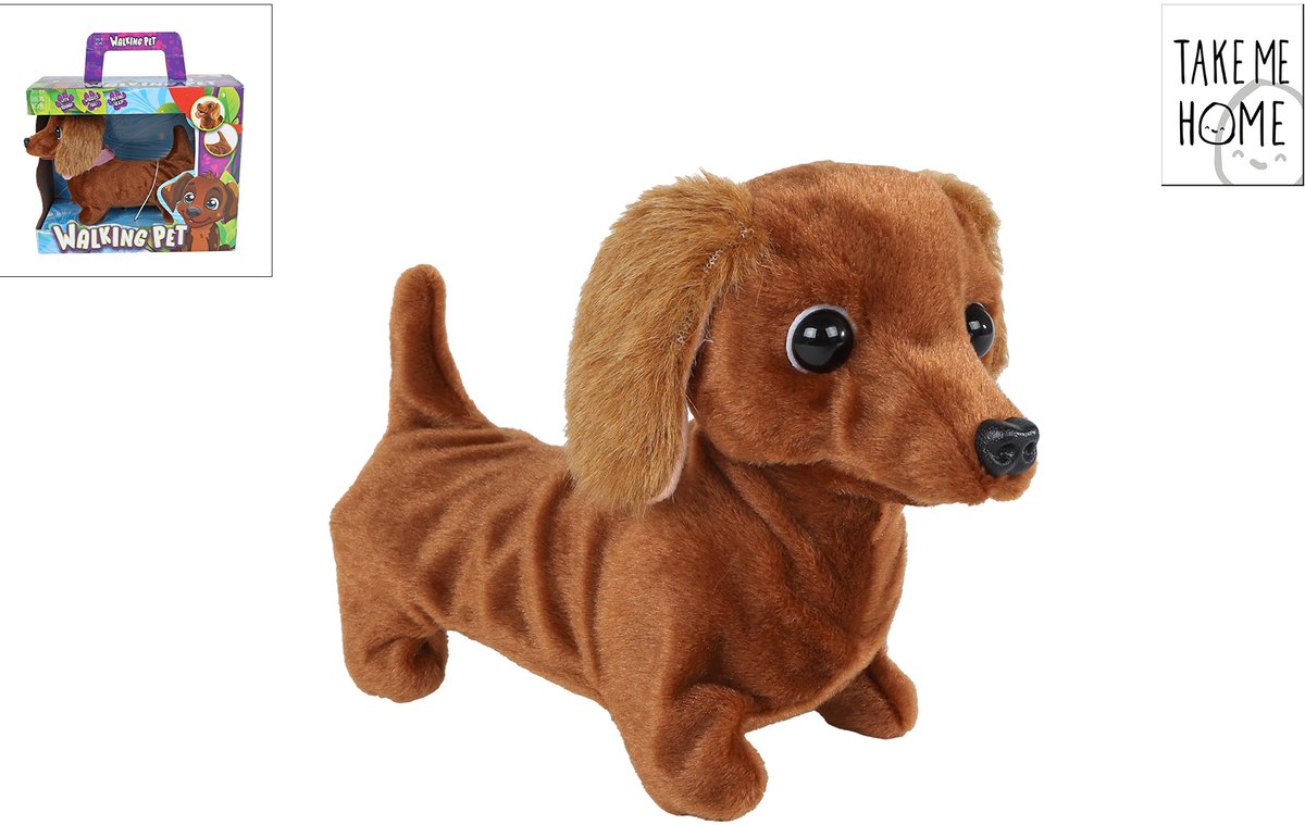 Take Me Home pluche loophond teckel 19cm speelgoed hond bruin.