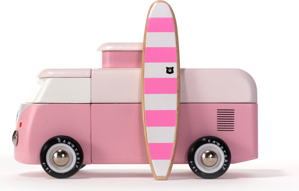 CandyLab houten speelgoedauto vw beach bus - roze - klassiek design.