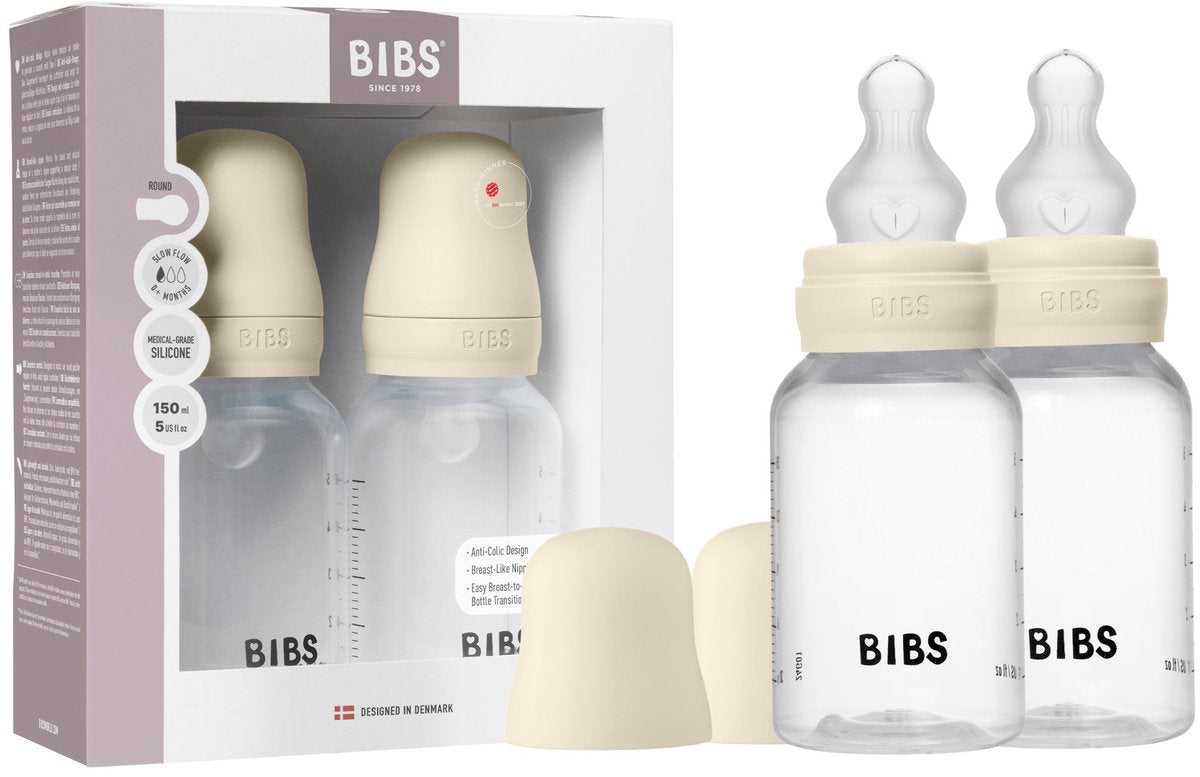 BIBS babyfles 150 ml siliconen speen verpakking 2 stuks - anti-koliek, bpa-vrij, ronde speen, langzame stroom , licht gewicht en makkelijk te reinigen, geschikt voor pasgeboren baby's 0+ jaar - ivory
