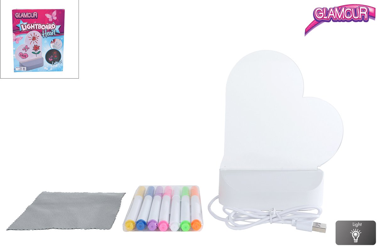 Glamour Van manen lichtbord hart met usb-aansluiting en 7 stiften 16cm.