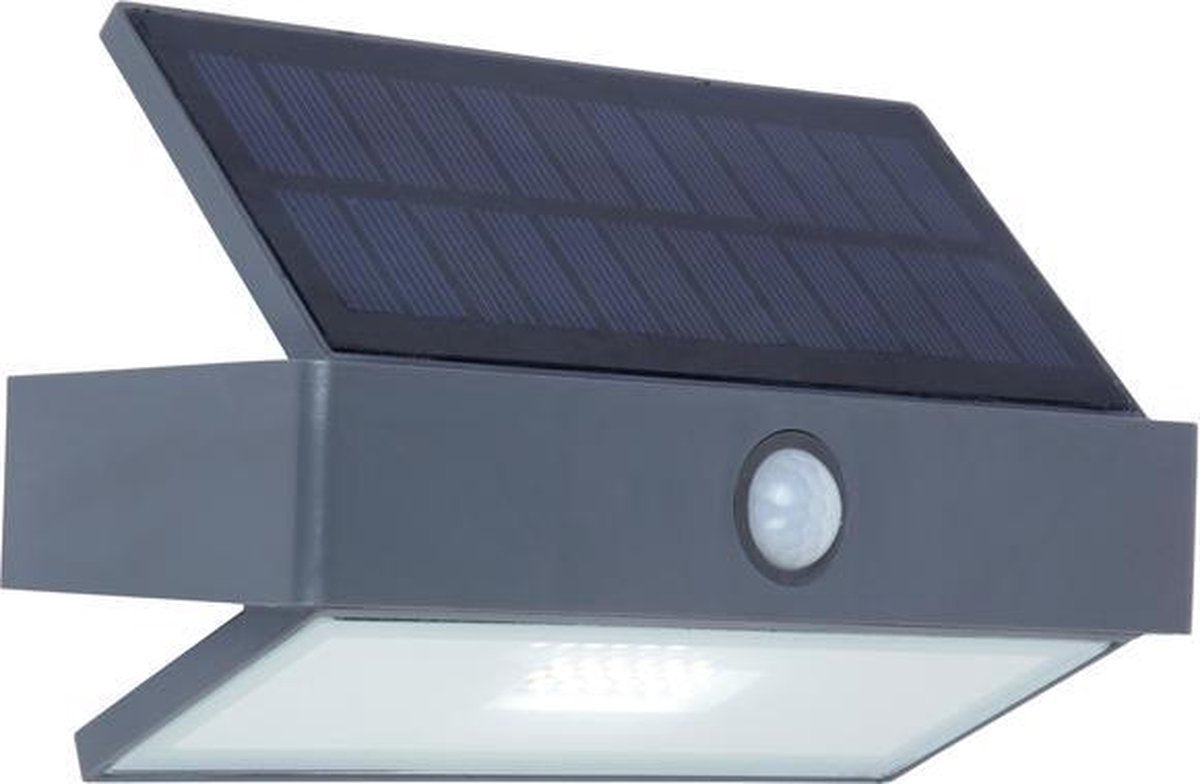 LUTEC arrow - led solar wandlamp voor buiten - optimaal opladen door schuin zonnepaneel - pir bewegingssensor - dag nacht sensor - 180lm - 5000k helder wit licht - ip44 weerbestendig - donkergrijs