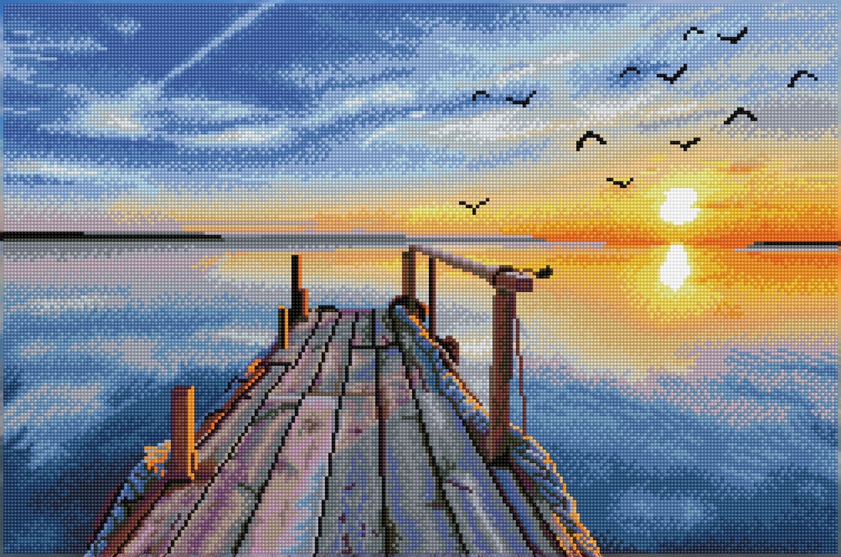 DIAMOND DOTZ® Diamond painting volwassenen - ronde steentjes - volledig pakket - hobby - - dd12.051 - landschap - zonsondergang bij het dok 71 x 47cm