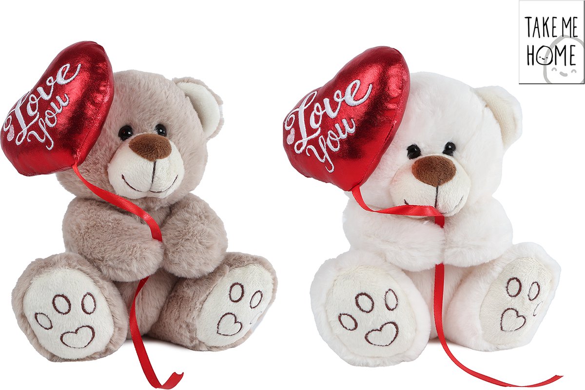 Take Me Home beer met ballonhart pluche 20cm (off) white