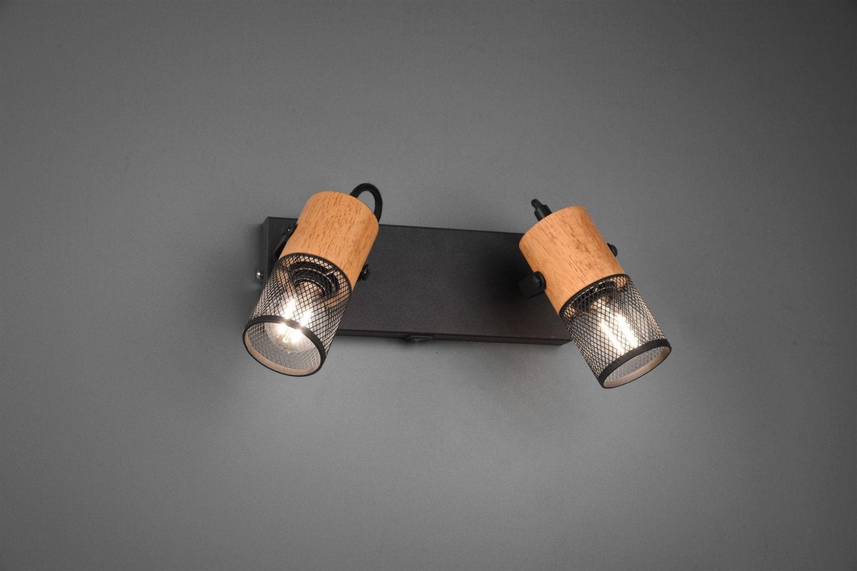 TRIO tosh - spot - zwart mat - excl. 2x e14 15 w - wandspot met schakelaar - houten elementen