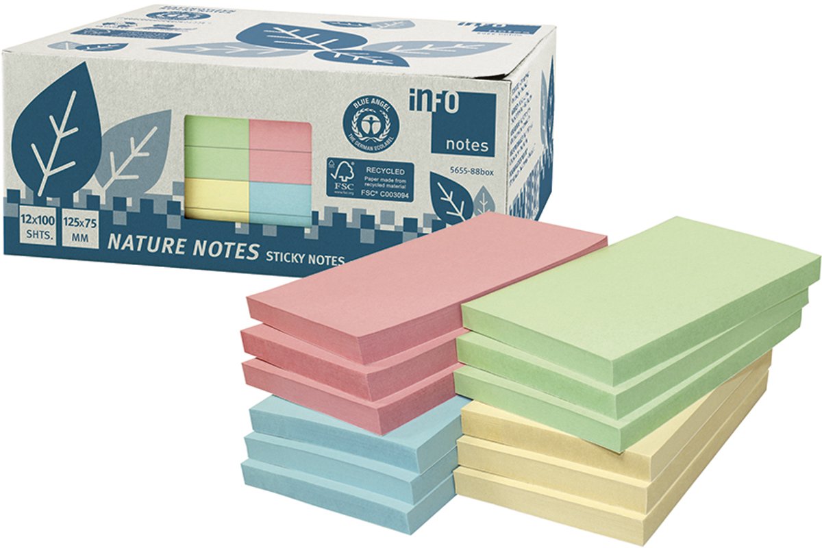 Info Notes Info sticky notes - recycled - 12 x 100 vel - 125x75mm - geel, groen, roze, blauw - in-5655-88