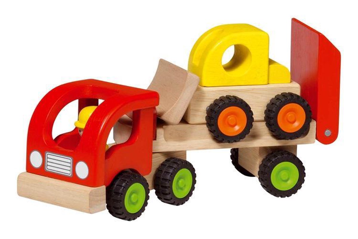 Goki Houten voertuig: oplegger met bulldozer 34x8,5x12,5cm, met rubberen banden, 2+