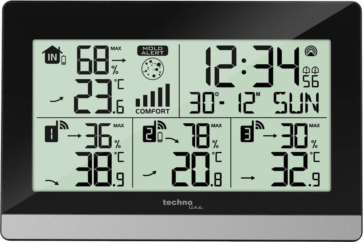 NeXtime Weerstation technoline ws 7065 144x96x38mm zwart zilver met 3 buitensensors 30m