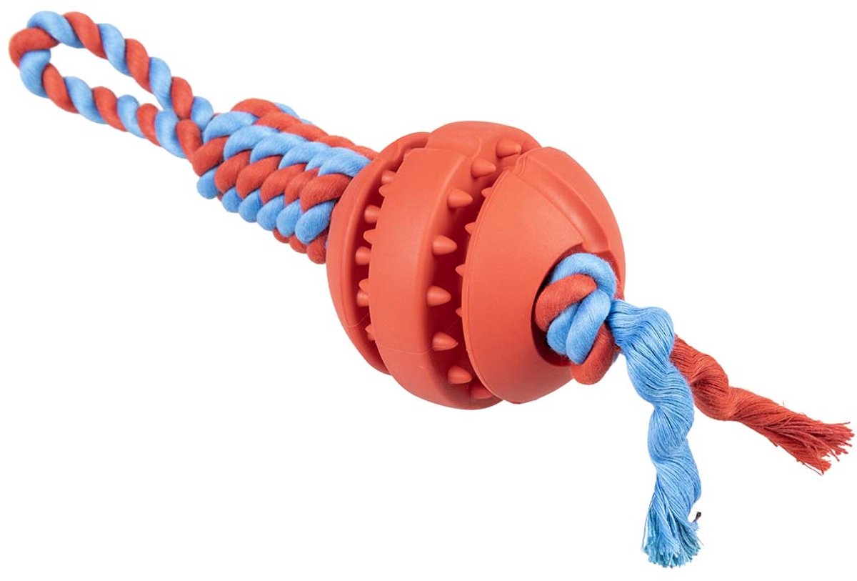 Duvo Plus playtime touwspeeltje rubrop tugger met bal voor honden 33x8x8cm rood