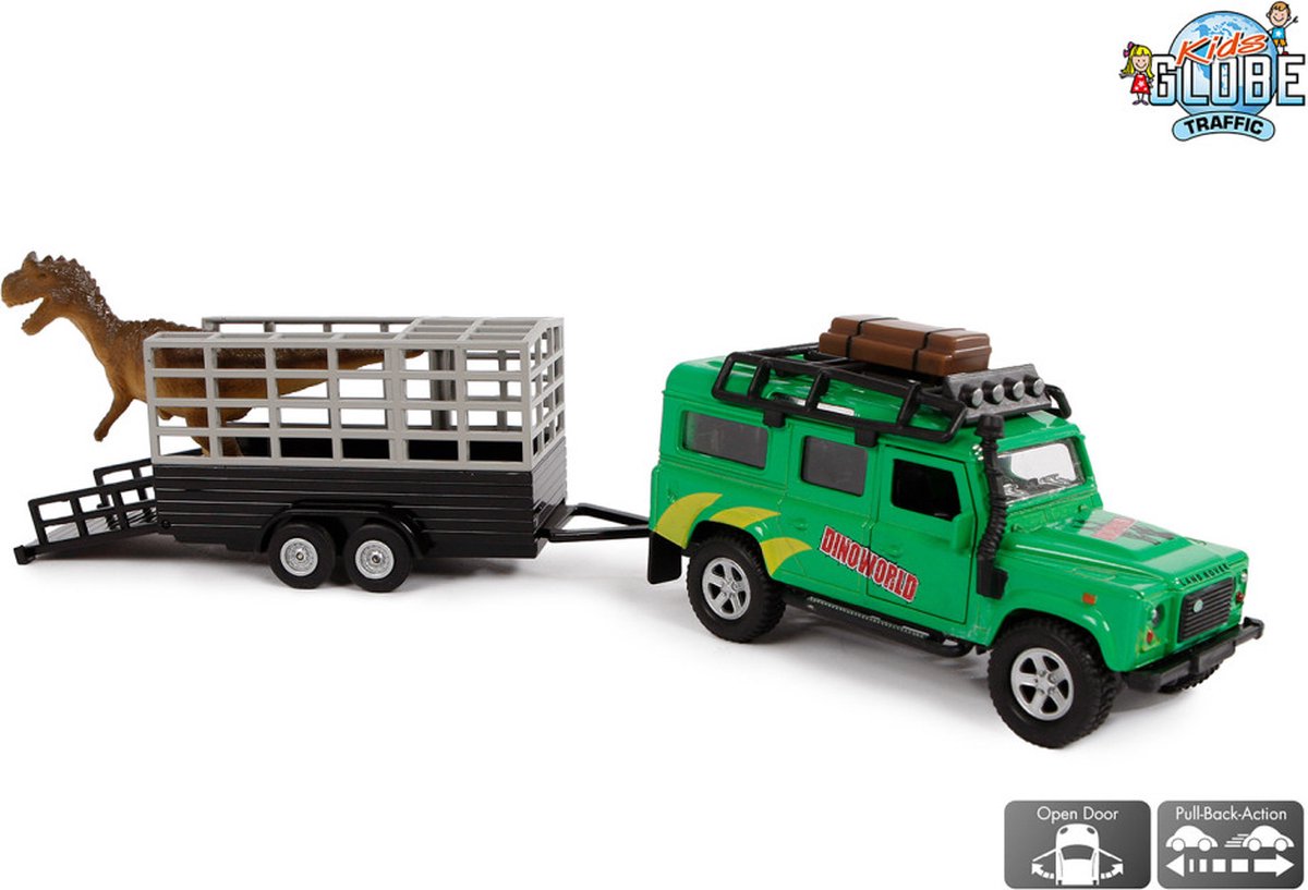 Kids GLOBE die-cast land rover met dino-trailer, 29cm