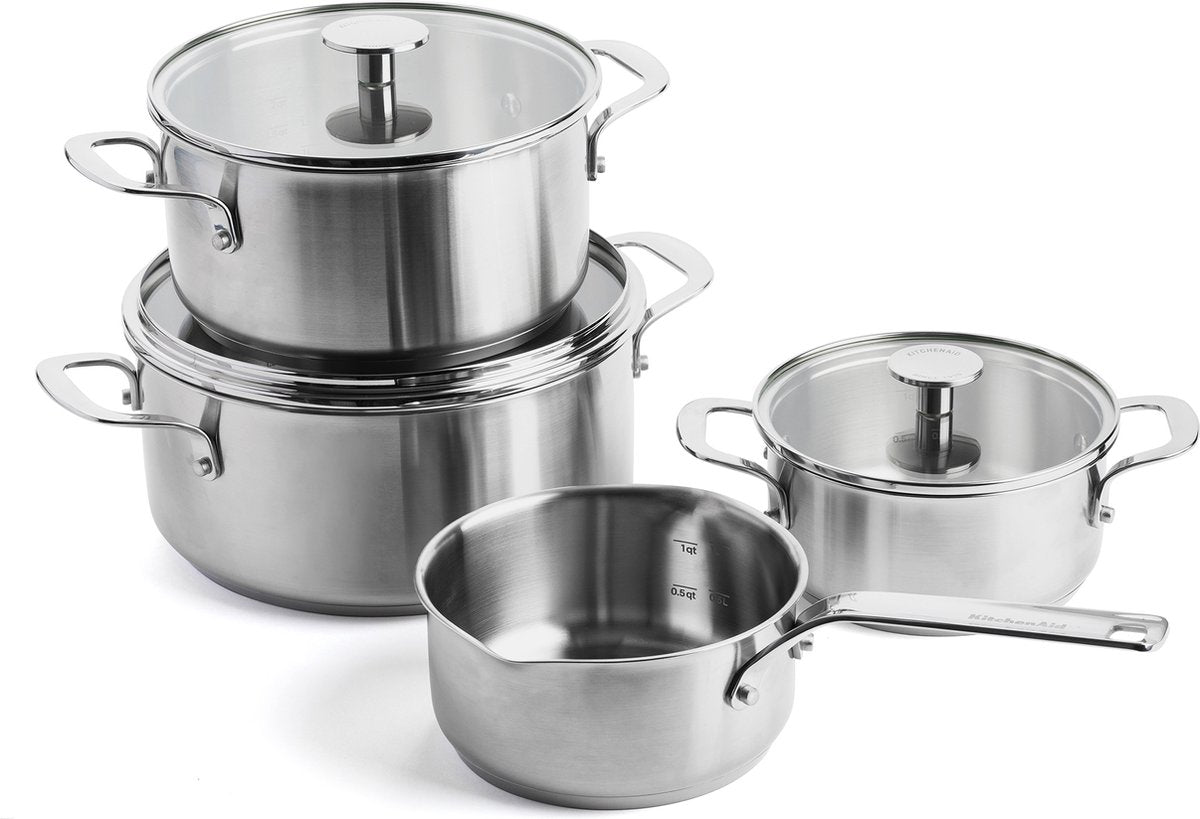 KitchenAid stainless steel kookpannenset 7-delig - 16 20 24cm - 1.5 3.1 4.8l - pfas-vrij - rvs pannenset - pannenset inductie - ovenbestendig tot 220°c - met glazen deksel - zilver