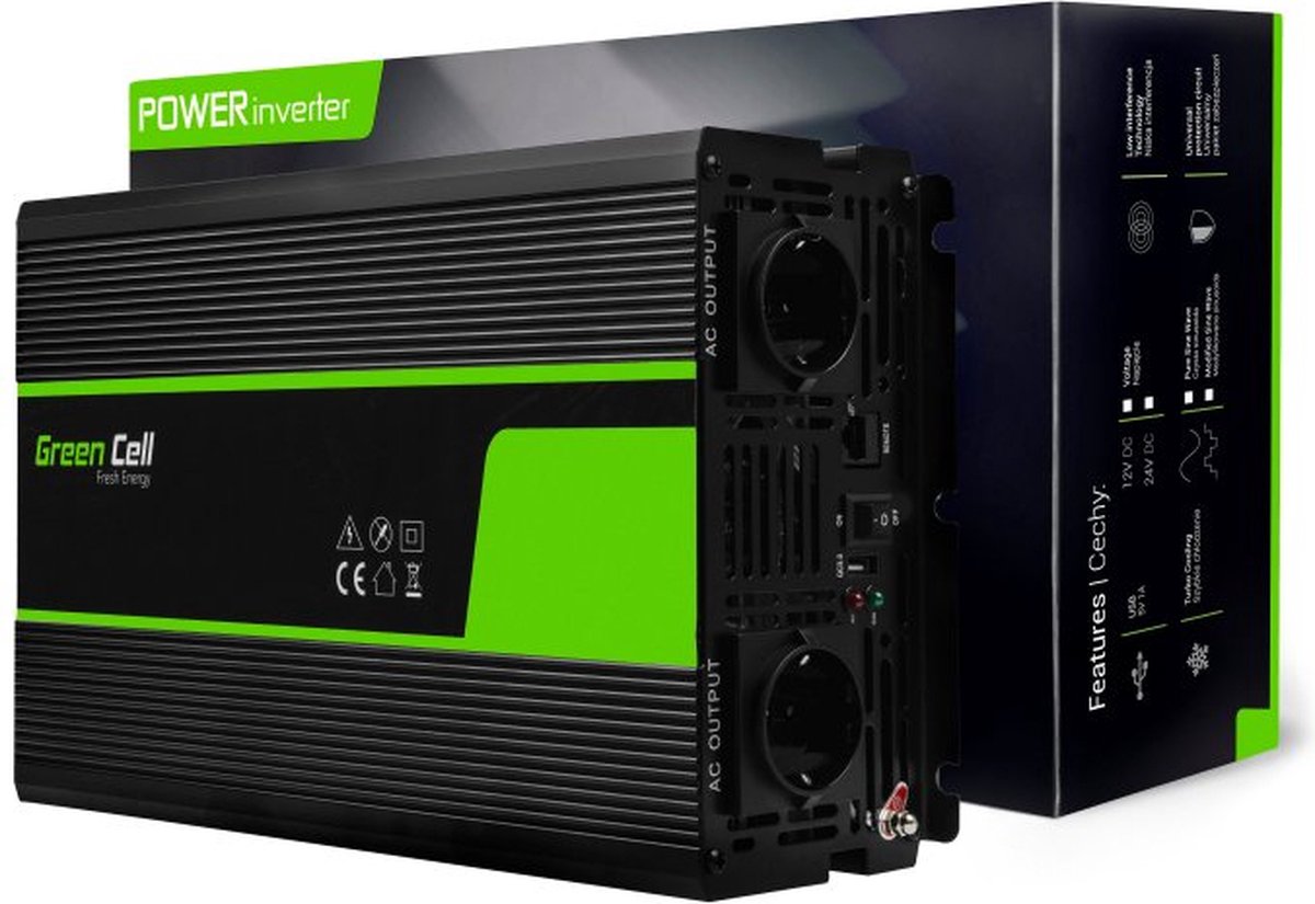 GREEN CELL Omvormer 24v naar 230v 1500w gemodificeerde sinusgolf.