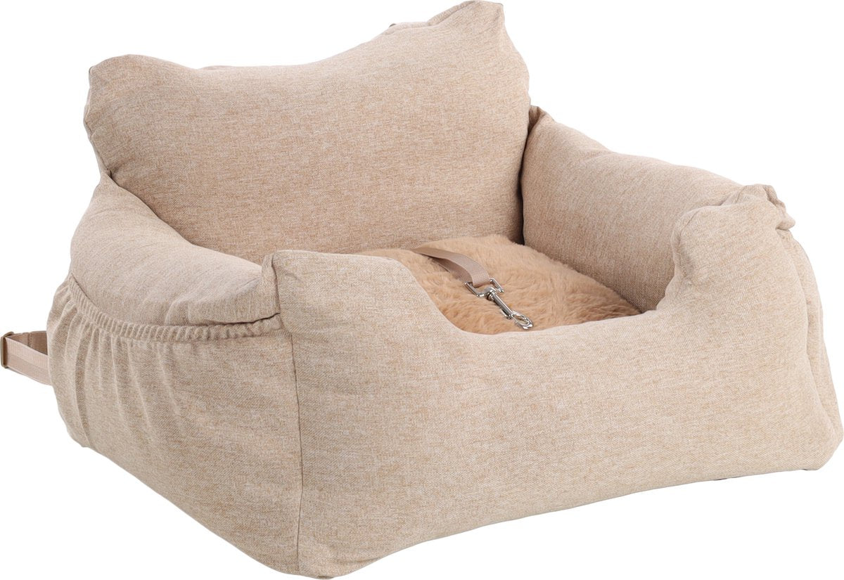 Flamingo Autostoel hond – autostoel megan beige – 56x50x17cm – wasbare hoezen antislip bodem – veilig comfortabel reizen