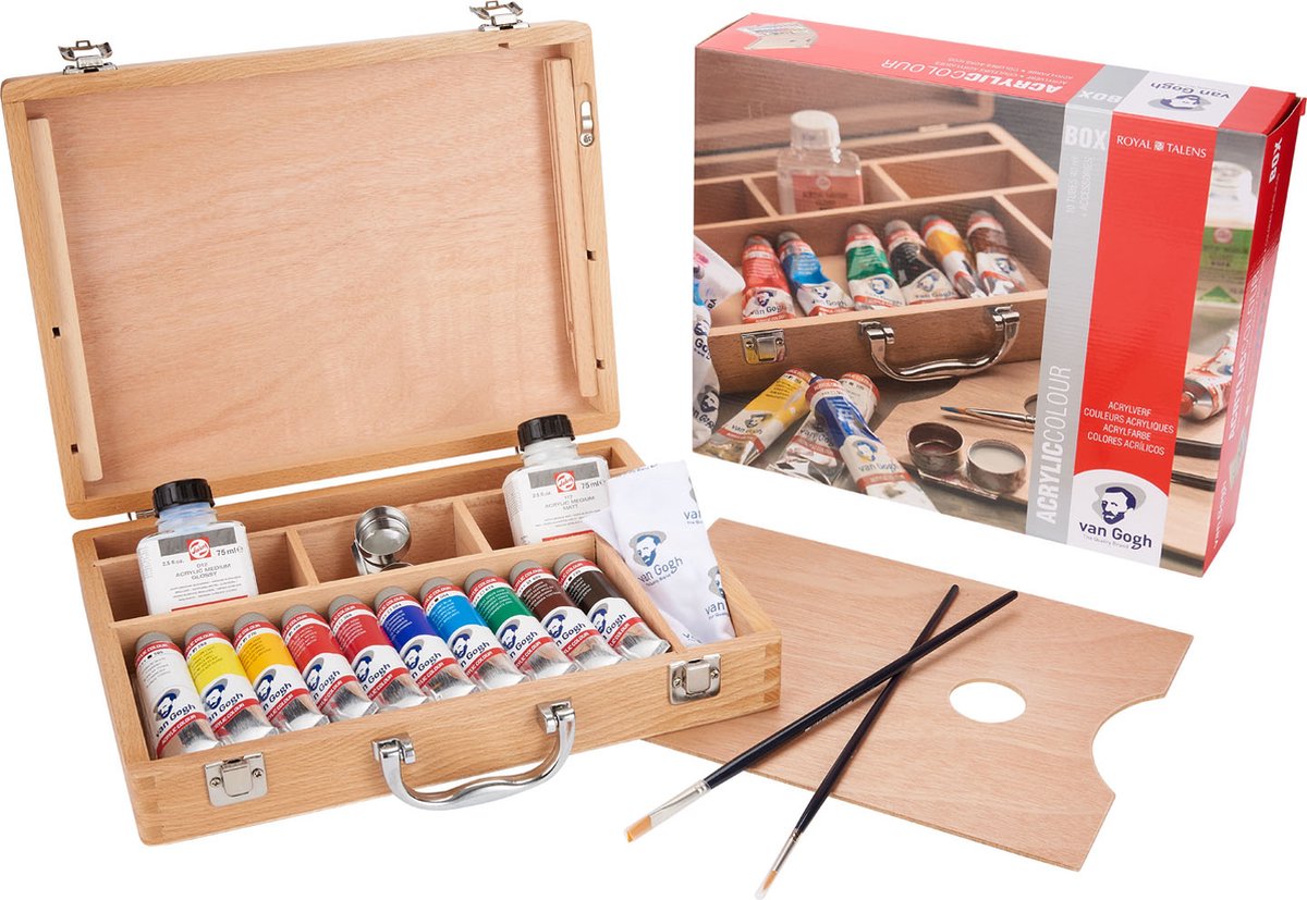 Van Gogh acrylverf in kist basic met 10 kleuren in tubes van 40 ml + accessoires