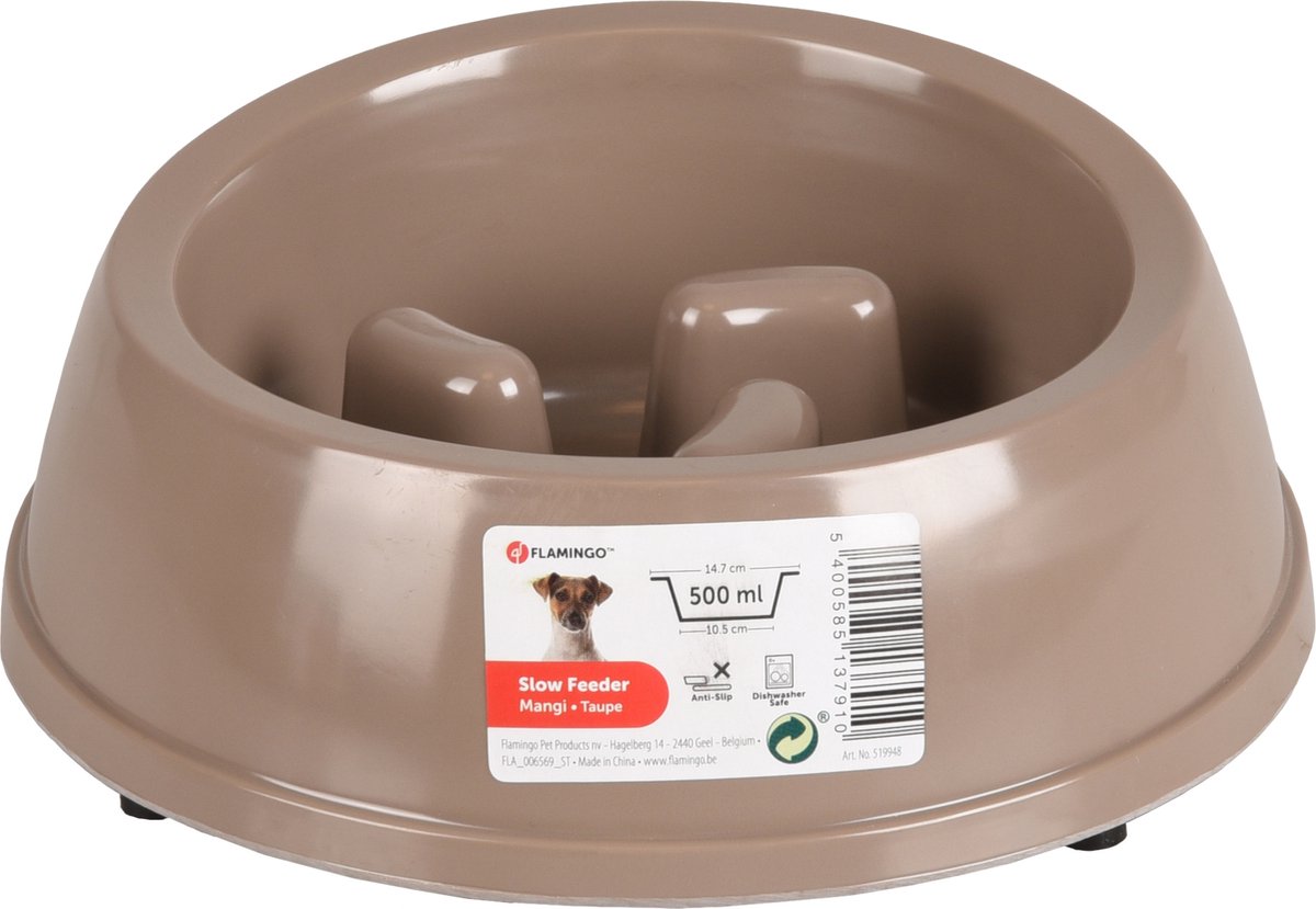 Flamingo Anti schrokbak hond – slow feeder – voerbak hond – ø18,5 cm – 500ml – voerbak mangi – taupe – rond