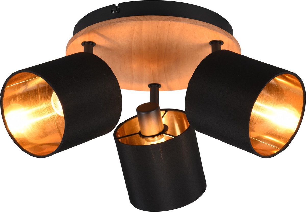 RL LIVE YOUR LIGHT Reality tommy spot - houtkleur - excl. 3 x e14 - rond - zwart-goud