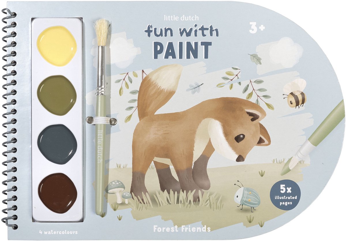 Little Dutch verfboek forest friends - knutselboek tekenen en schilderen, incl kwast en 4 kleuren verf - peuter kleuter - vakantieboek - speelgoed 3 jaar