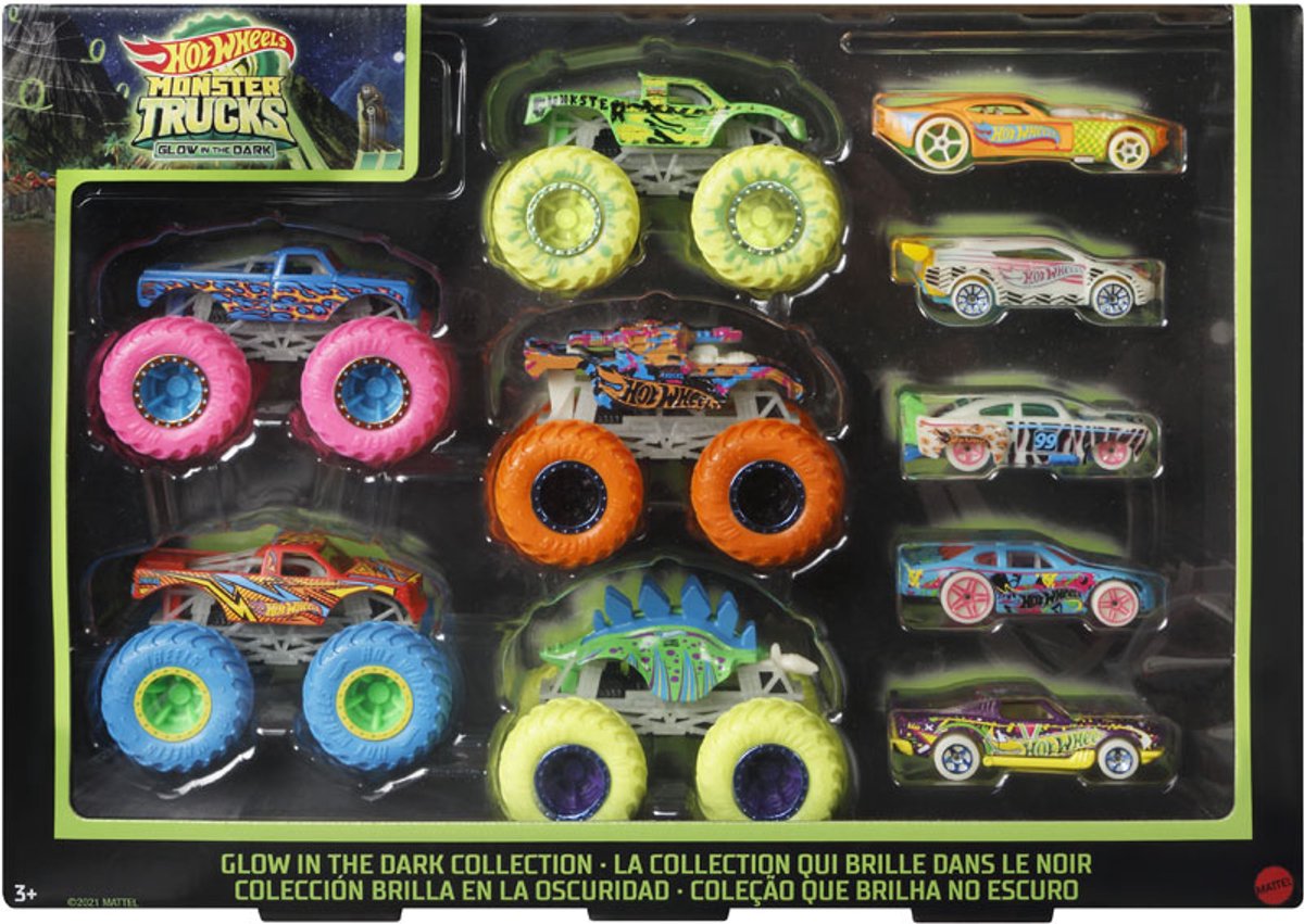 Hot Wheels  monster trucks set met 10 speelgoedvoertuigen die licht geven in het donker