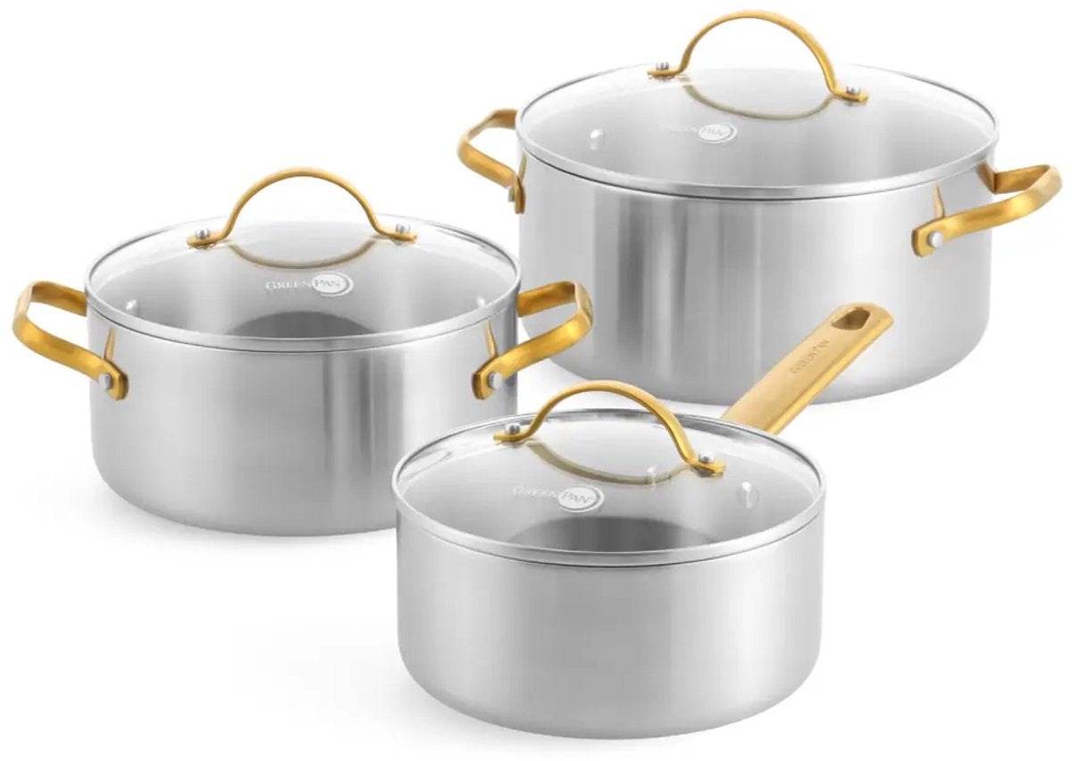 GreenPan padova pannenset 6-delig - 18 20 24cm - 2 2.9 4.9l - zonder pfas-vrije antikleeflaag - pannenset inductie - rvs pannenset - ovenbestendig tot 220°c - rvs handgrepen - met glazen deksel - zilver