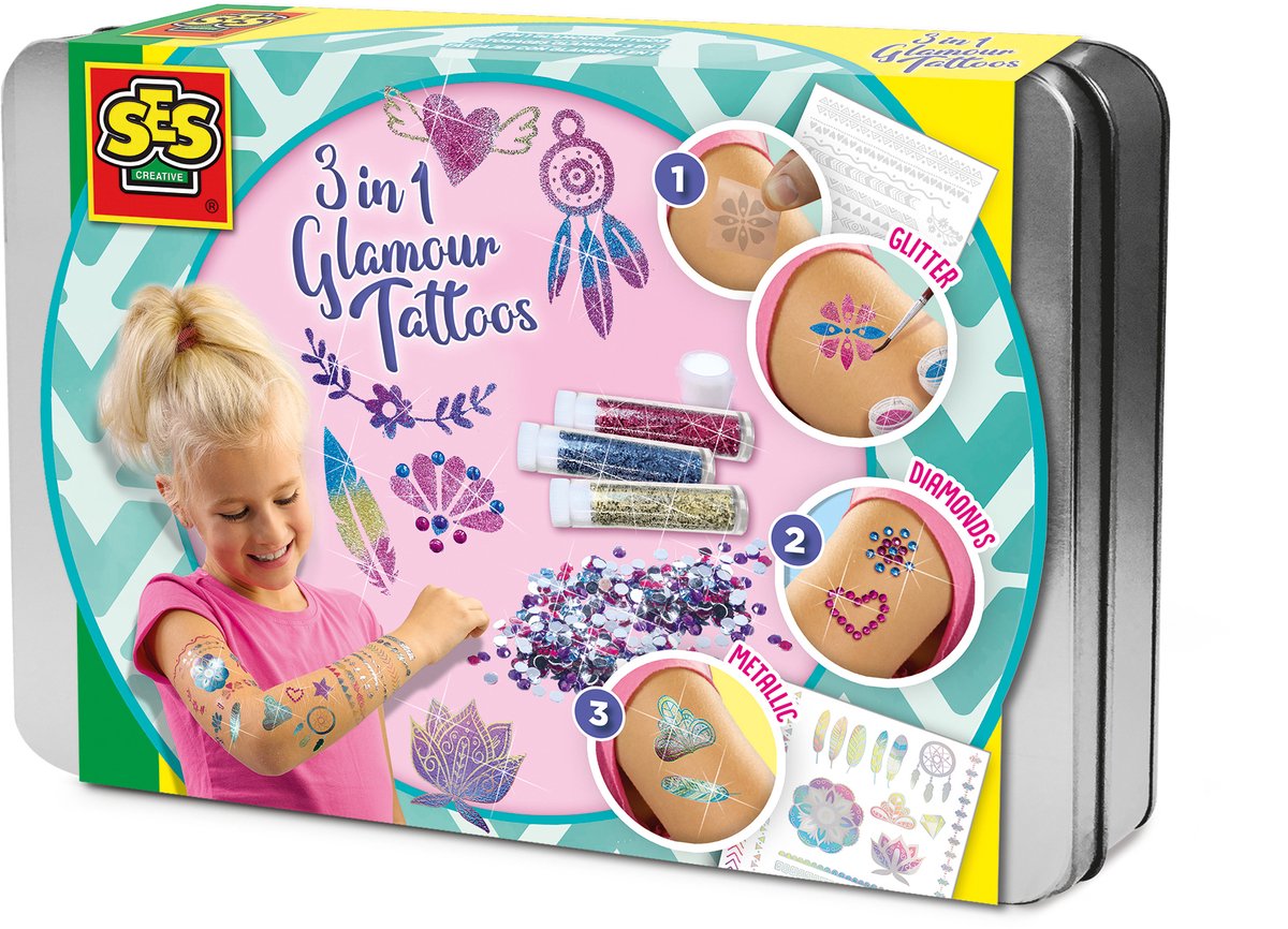 SES Creative - hobby pink - 3 in 1 glamour tattoos - knutselen meisjes - biologisch afbreekbaar - vanaf 5 jaar